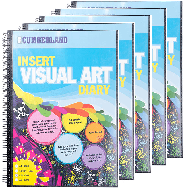 Cumberland Visual Art Diary Book Insert Cover Spiral A3 Pack 5 Drawing Sketching 3008 (5 Pack) - SuperOffice