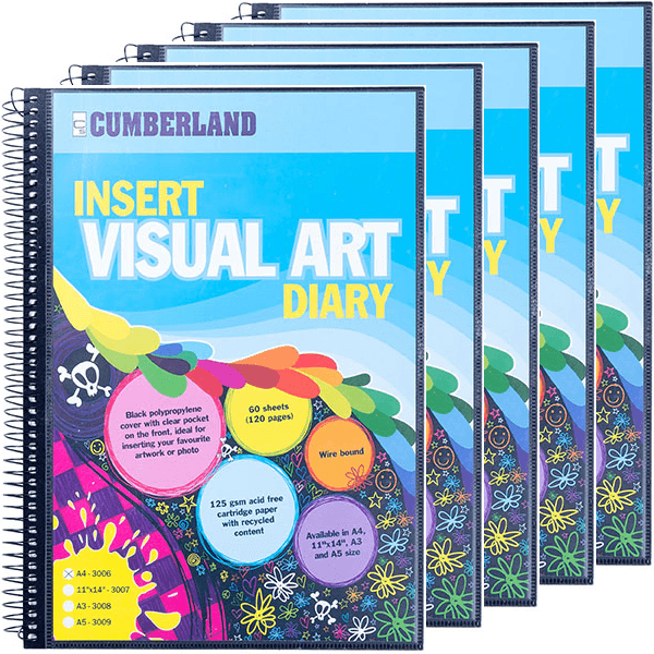 Cumberland Visual Art Diary Book Insert Cover Spiral A4 Black Pack 5 Sketching Drawing 3006 (5 Pack) - SuperOffice
