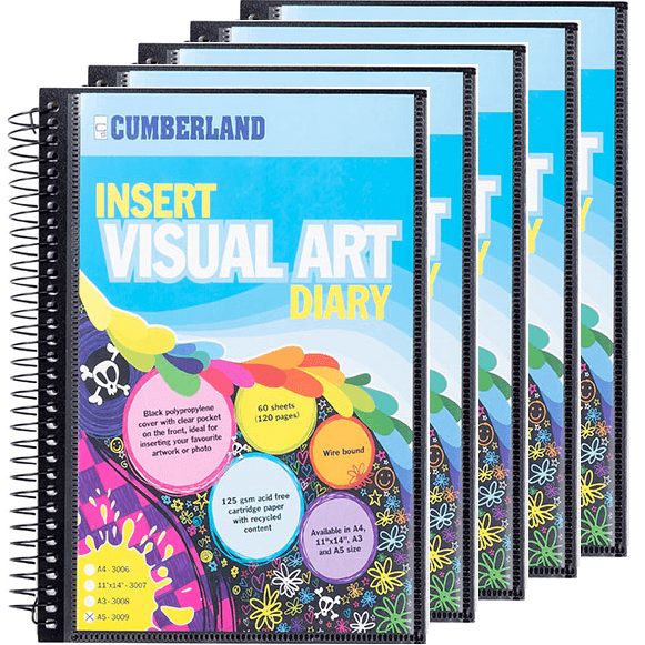 Cumberland Visual Art Diary Book Insert Cover Spiral A5 Black Pack 5 Sketching Drawing 3009 (5 Pack) - SuperOffice
