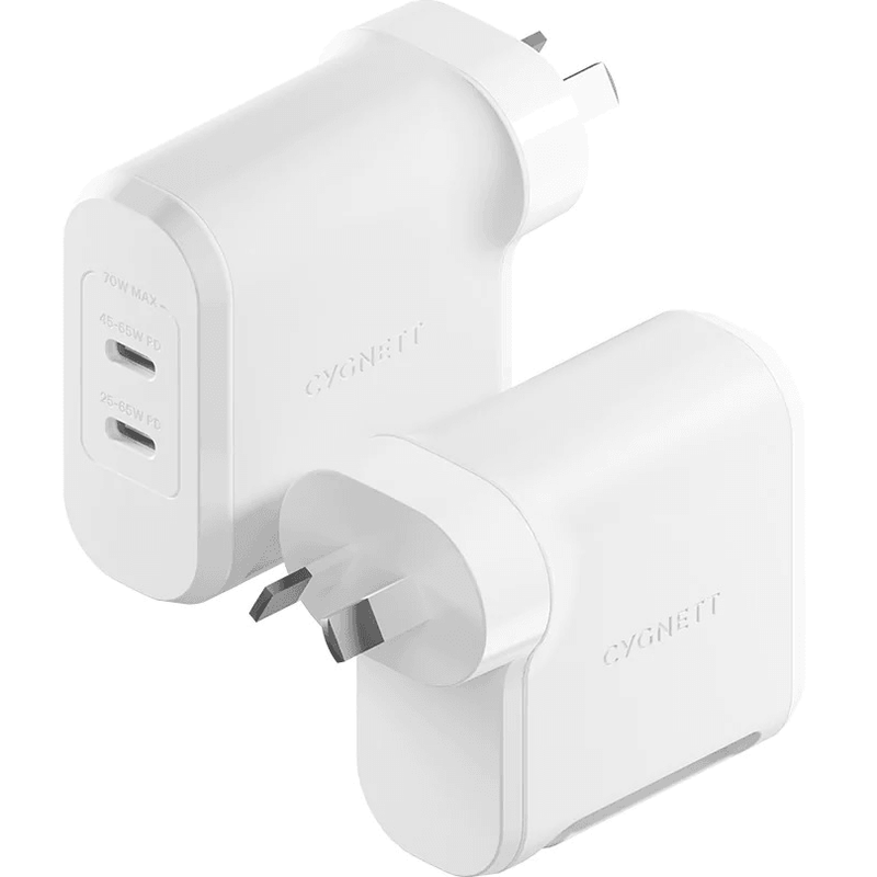 Cygnett PowerMaxx Charger USB-C 70W Dual Port Wall Adapter GaN Super Fast CY4132PBCHE - SuperOffice