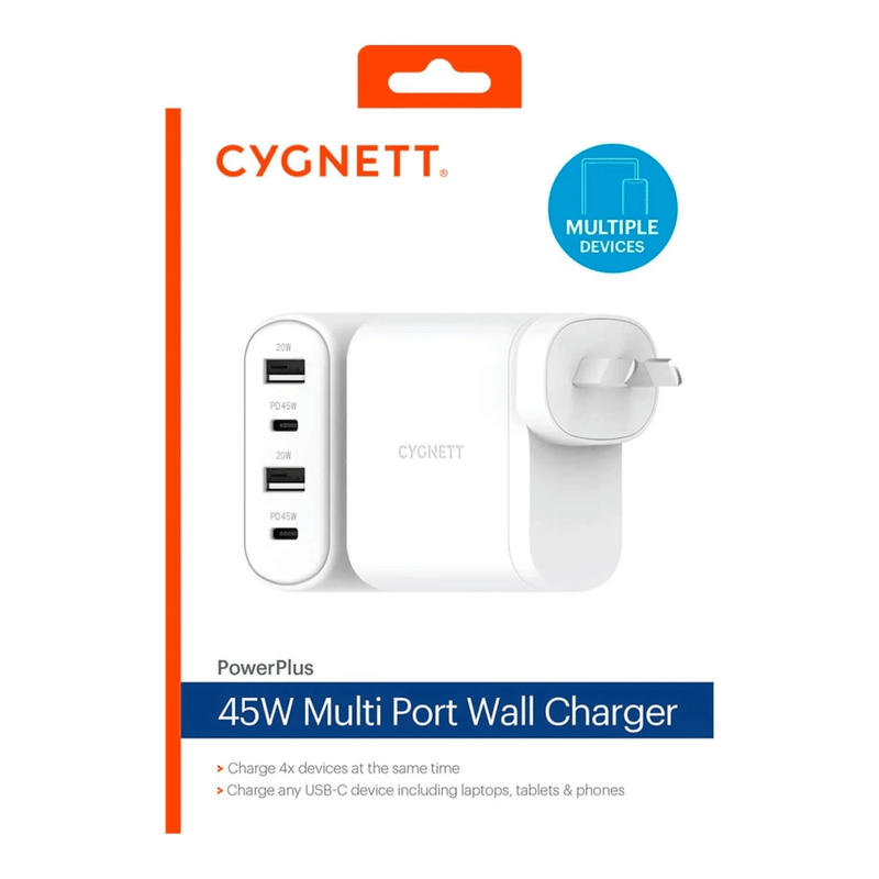 Cygnett Powerplus 45W USB/USB-C Quad AC Wall Charger CY3675PDWLCH - SuperOffice