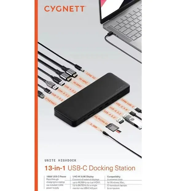 Cygnett Unite HighDock 13-in-1 USB-C Dock Station HDMI/USB/Ethernet/SD CY5149HUB14 - SuperOffice