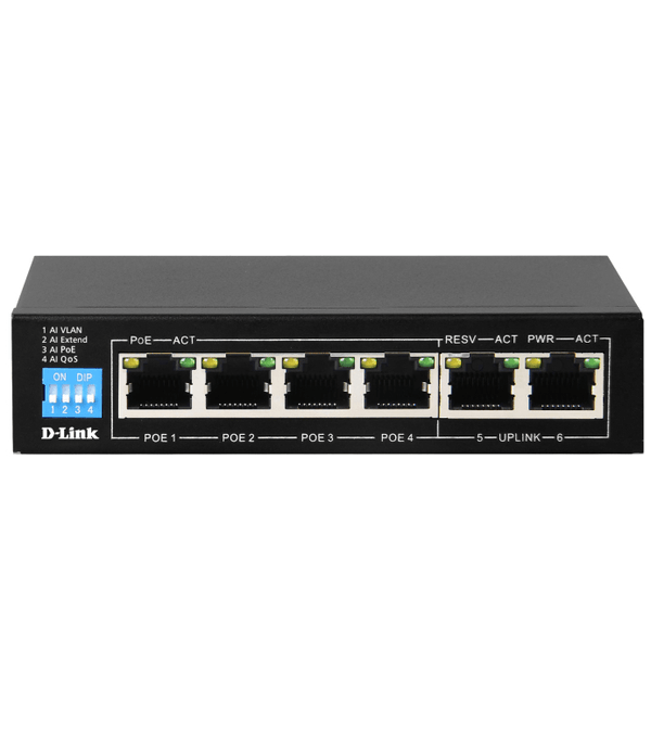 D-Link 6-Port Gigabit PoE Switch with 4 Long Reach PoE Ports and 2 Uplink Ports DGS-F1006P-E - SuperOffice
