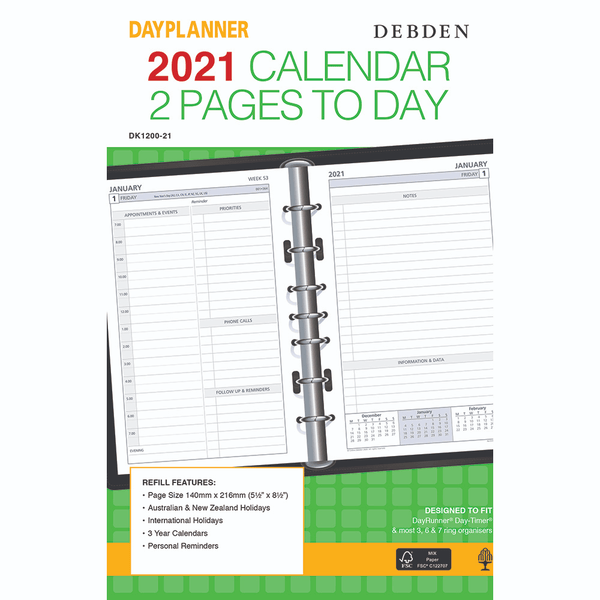 Debden 2021 Dayplanner Desk Edition Refill 2 Pages Per Day 216x140mm White DK1200-21 - SuperOffice