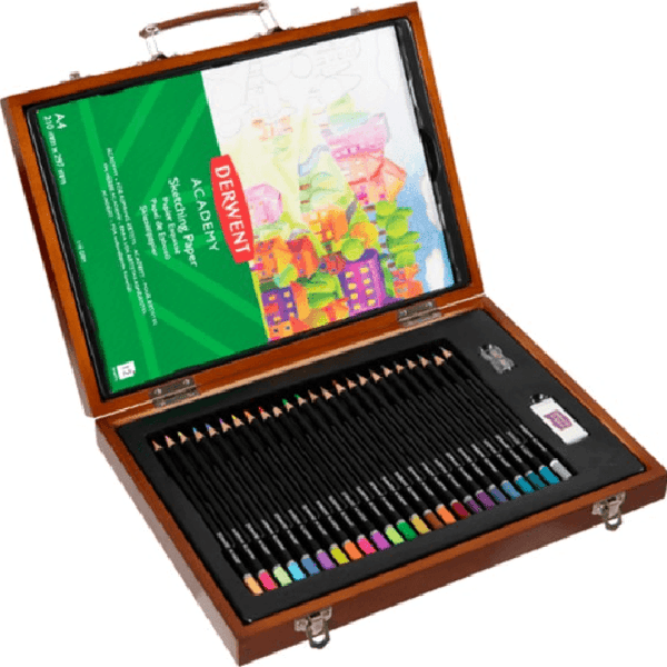 Derwent 24 Academy Coloured Pencils Set + Paper Pad Sharpener Eraser Wooden Box Set 2300153 - SuperOffice