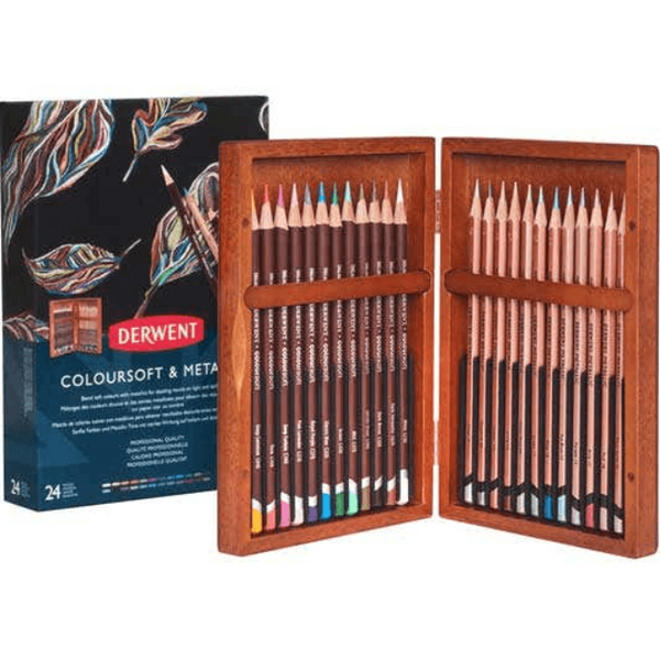 Derwent 24 Coloursoft & Metallic Coloured Pencils Artists Wooden Box Set 2305863 - SuperOffice