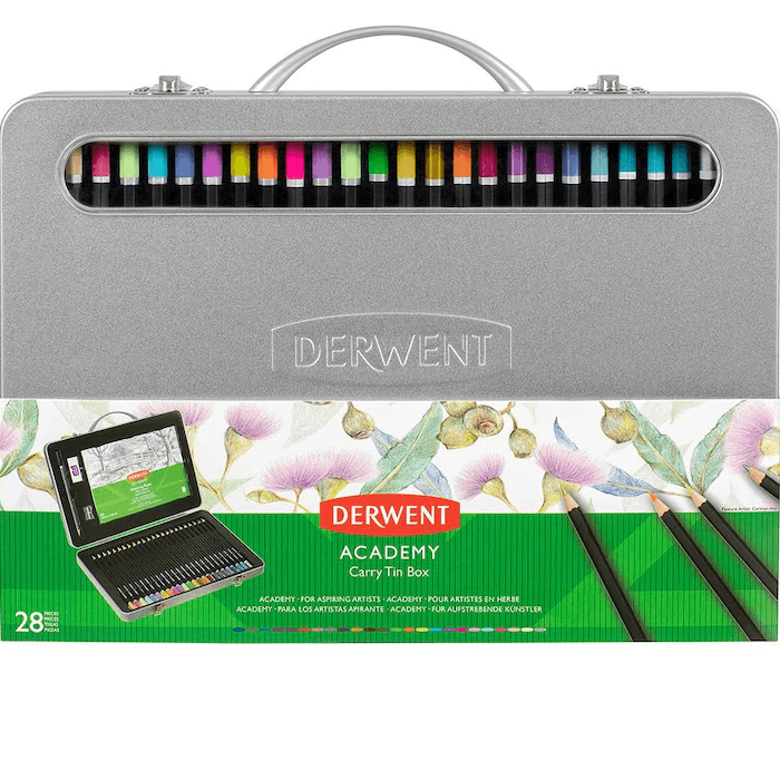 Derwent 28 Academy Coloured Pencils Set + Paper Pad Sharpener Eraser Tin Box 2300152 - SuperOffice