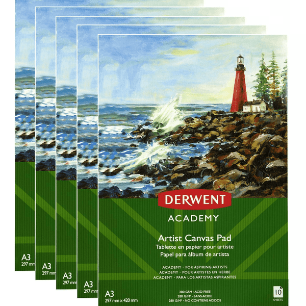 Derwent Academy Artists Canvas Pad Paper 280GSM A3 10 Sheets 5 Pack R31330F (5 Pack) - SuperOffice