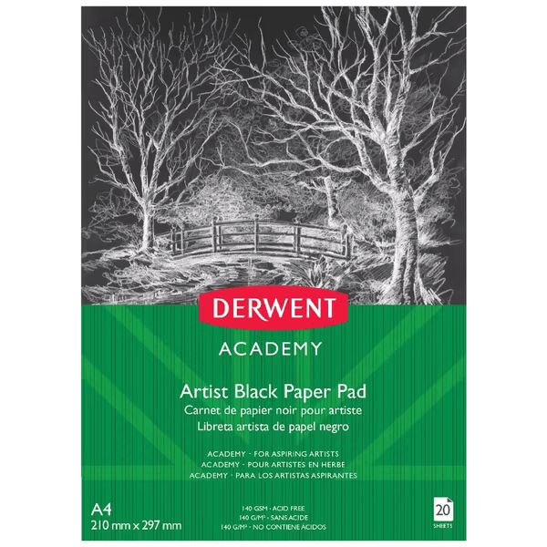 Derwent Academy Black Paper Pad Portrait 20 Sheets A4 140gsm R31245F - SuperOffice