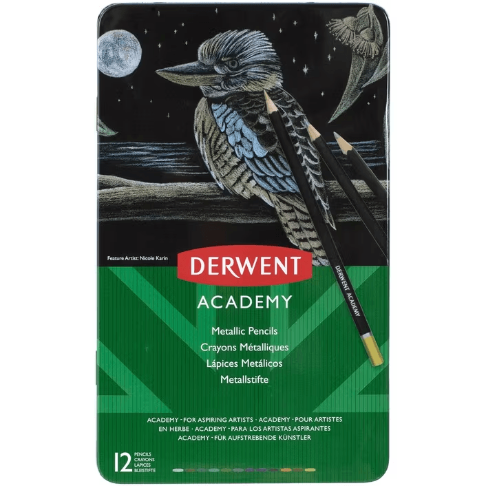 Derwent Academy Metallic Coloured Pencils Tin 12 Set 2301939 - SuperOffice