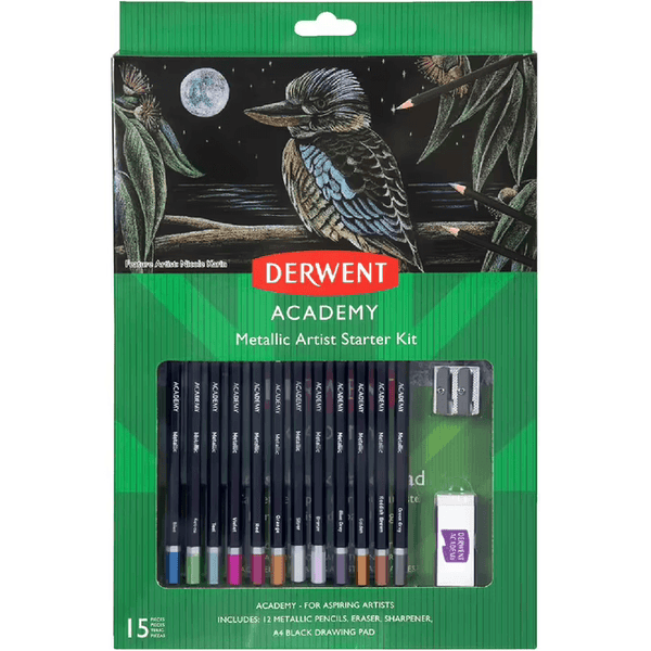 Derwent Academy Metallic Pencils Starter Kit Sketch Pad Eraser Sharpener 2300157 - SuperOffice