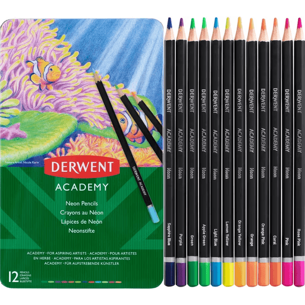 Derwent Academy Neon Coloured Pencils Tin 12 Set 2301935 - SuperOffice