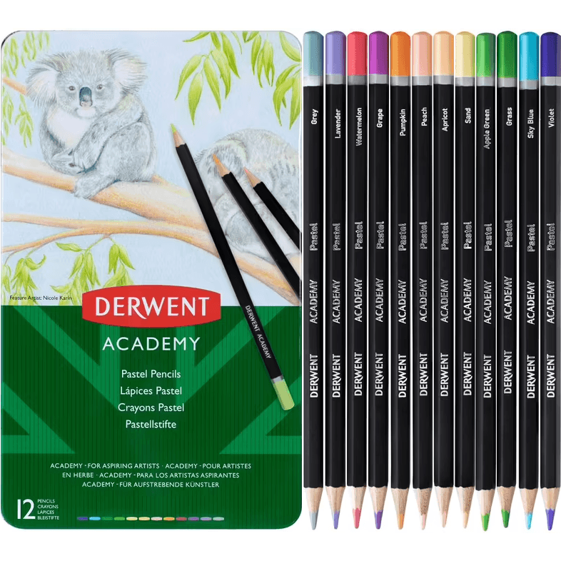 Derwent Academy Pastel Coloured Pencils Tin 12 Set 2301940 - SuperOffice