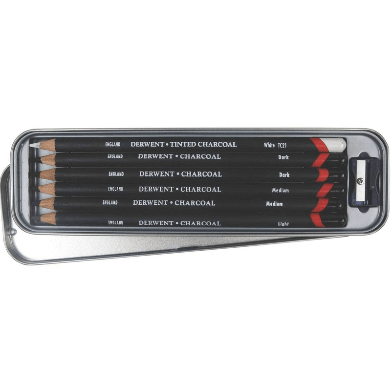 Derwent Charcoal Pencils Assorted Shades Pack 6 + Sharpener 700838 - SuperOffice