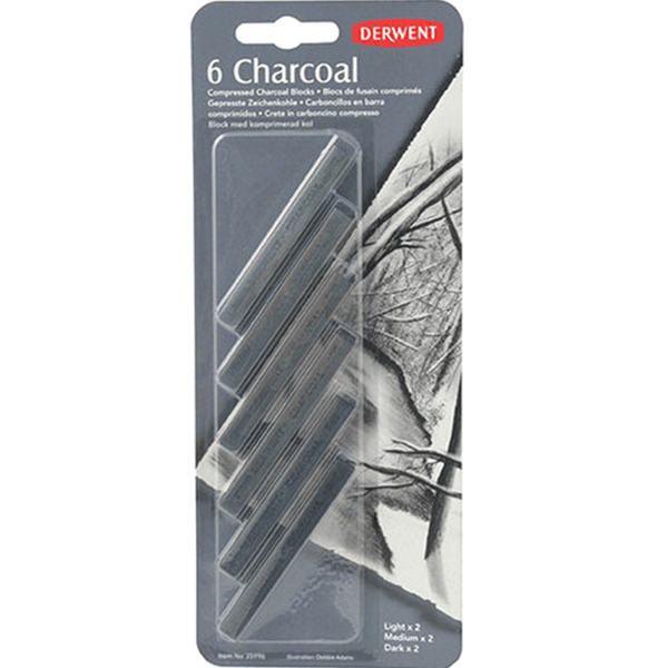 Derwent Compressed Charcoal Blocks Pack 6 Light Medium Dark Sticks 35996 - SuperOffice
