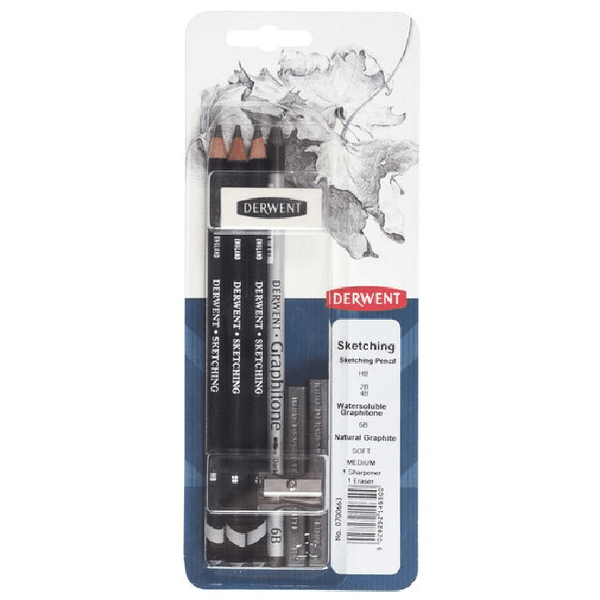 Derwent Graphite Sketching Mixed Media Pencils Set Pack 6 Sharpener Eraser 700663 - SuperOffice