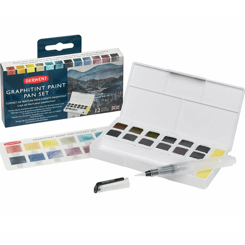 Derwent Graphitint Paint Pan Assorted Colours Set 12 + Waterbrush 2305790 - SuperOffice