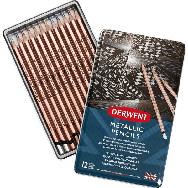 Derwent Metallic Coloured Pencils Tin 12 Set Artists 2305599 - SuperOffice
