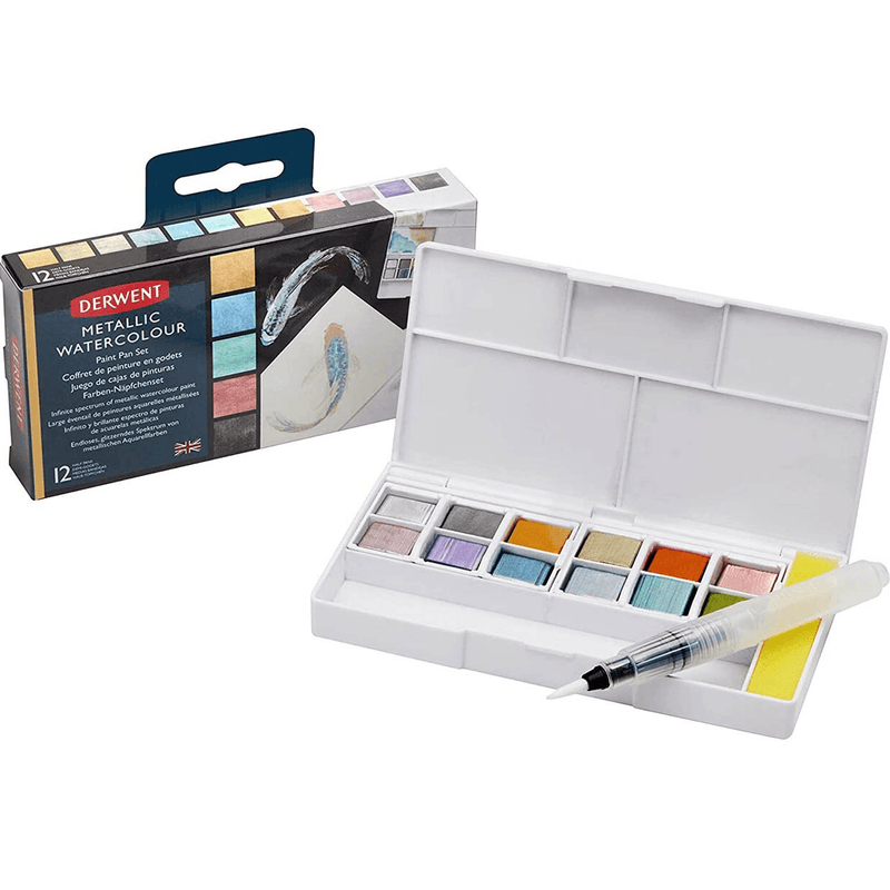 Derwent Metallic Watercolour Paint Pan Assorted Colours Set 12 + Waterbrush 2305657 - SuperOffice