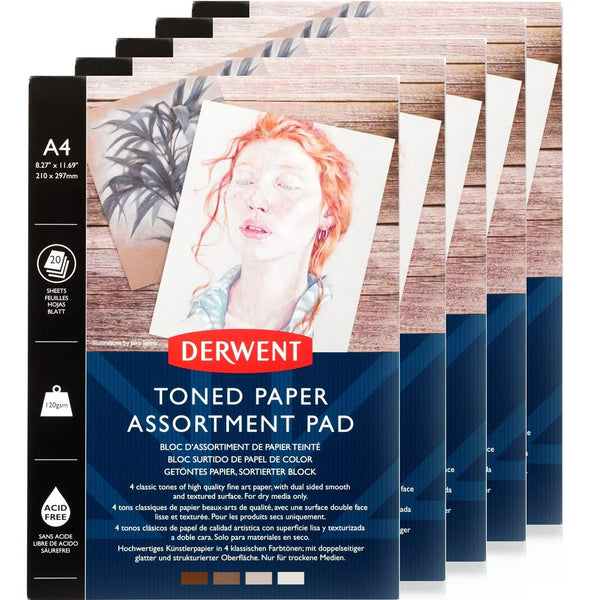 Derwent Mixed Toned Paper Pad 120gsm 4 Mid Tone Colours 20 Sheets A4 5 Pack 2306020 (5 Pack) - SuperOffice