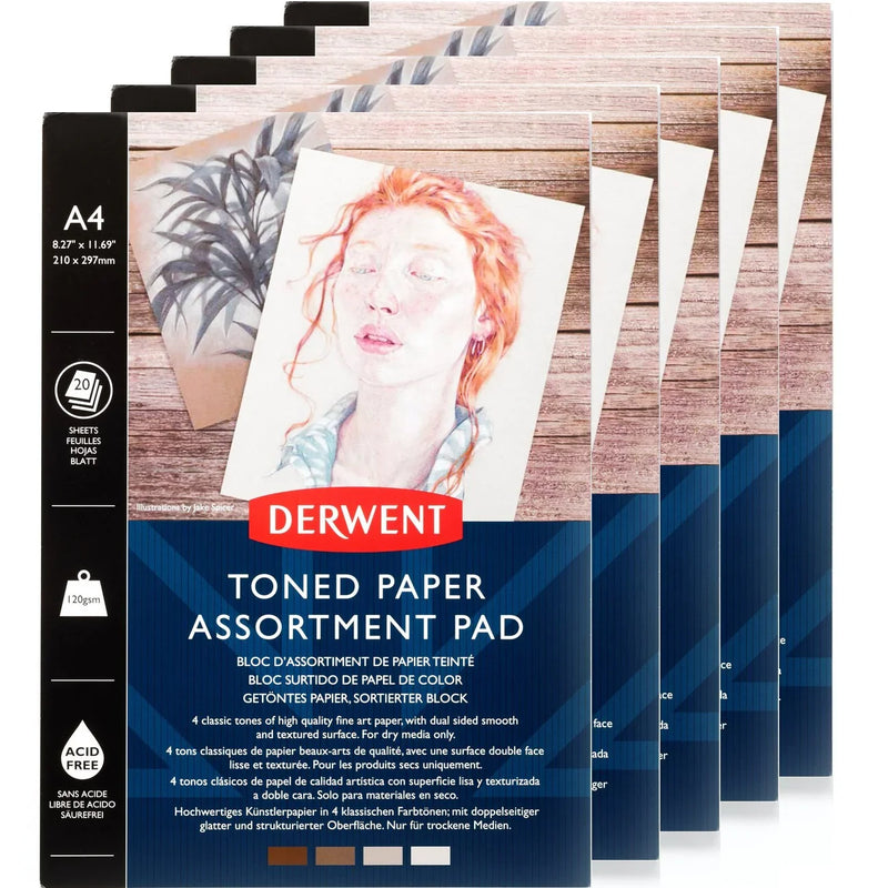 Derwent Mixed Toned Paper Pad 120gsm 4 Mid Tone Colours 20 Sheets A4 5 Pack 2306020 (5 Pack) - SuperOffice