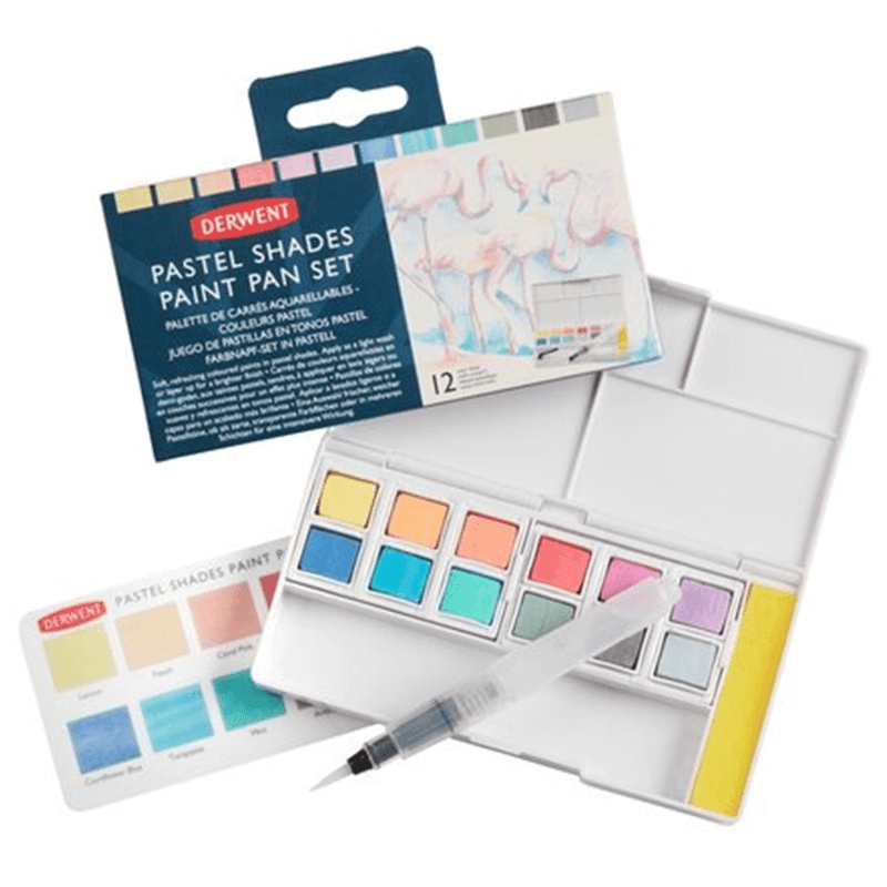 Derwent Pastel Paint Pan Assorted Colours Set 12 + Waterbrush Watercolour Painting 2305865 - SuperOffice