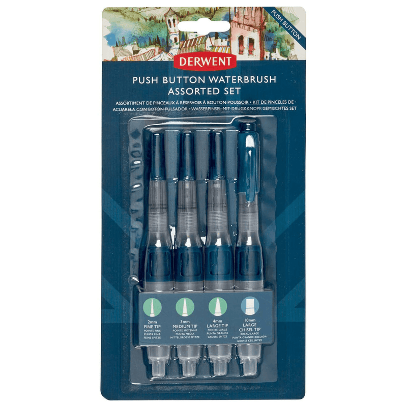Derwent Push Button Waterbrush Pack 4 Assorted Tips Watercolour Painting 2305816 - SuperOffice