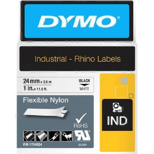 Dymo 1734524 Rhino Industrial Tape Flexible Nylon 24mm Black On White 1734524 - SuperOffice