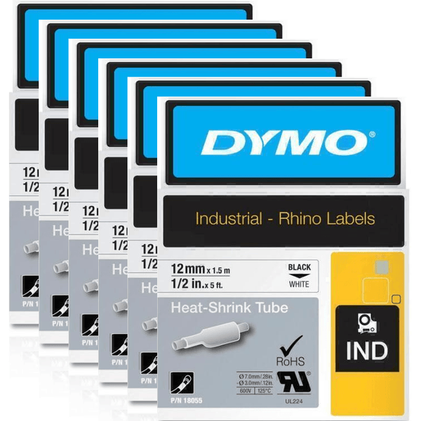 Dymo 18055 Rhino Industrial Heat Shrink Tube 12mm Black On White 6 Pack 18055 (6 Pack) - SuperOffice