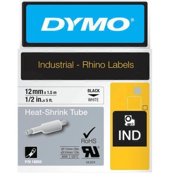 Dymo 18055 Rhino Industrial Heat Shrink Tube 12mm Black On White 6 Pack 18055 (6 Pack) - SuperOffice