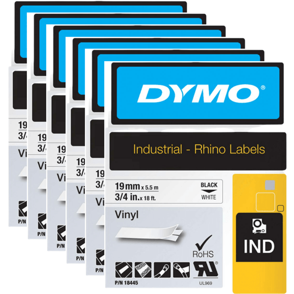 Dymo 18445 Rhino Industrial Tape Vinyl 19mm Black On White Pack 6 BULK 18445 (6 Pack) - SuperOffice