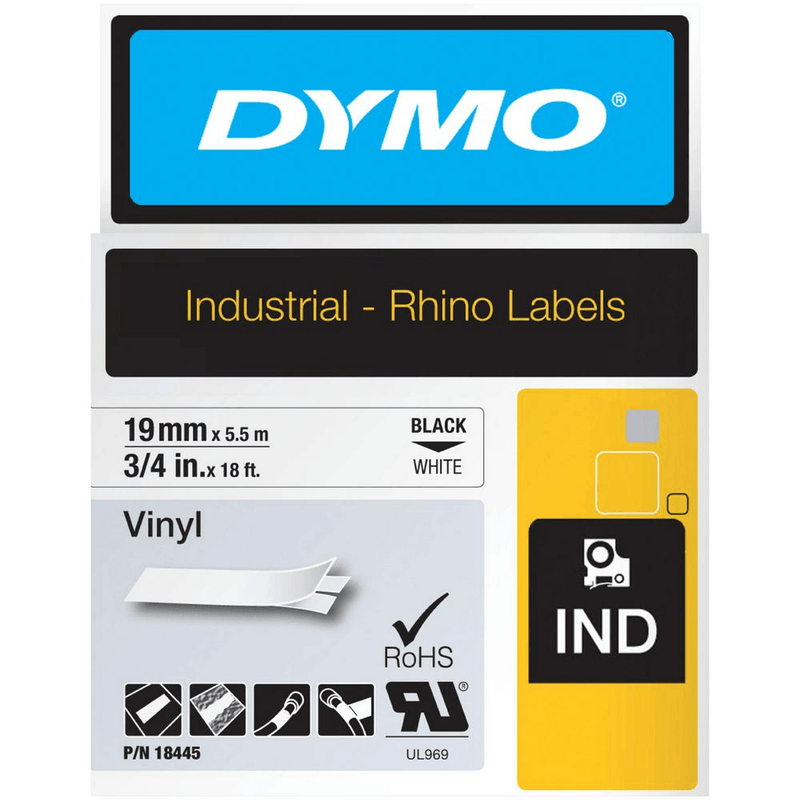 Dymo 18445 Rhino Industrial Tape Vinyl 19mm Black On White Pack 6 BULK 18445 (6 Pack) - SuperOffice