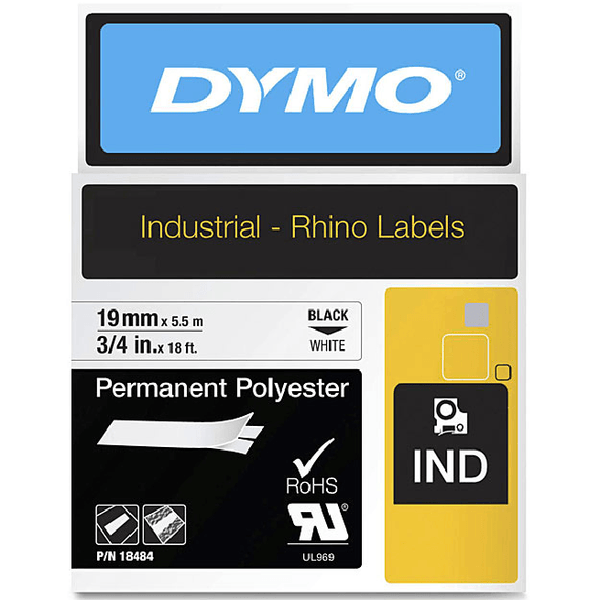 Dymo 18484 Rhino Industrial Tape Permanent Polyester 19mm Black On White 18484 - SuperOffice