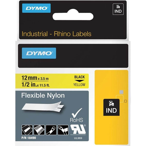 Dymo 18490 Rhino Industrial Tape Flexible Nylon 12mm Black On Yellow 18490 - SuperOffice