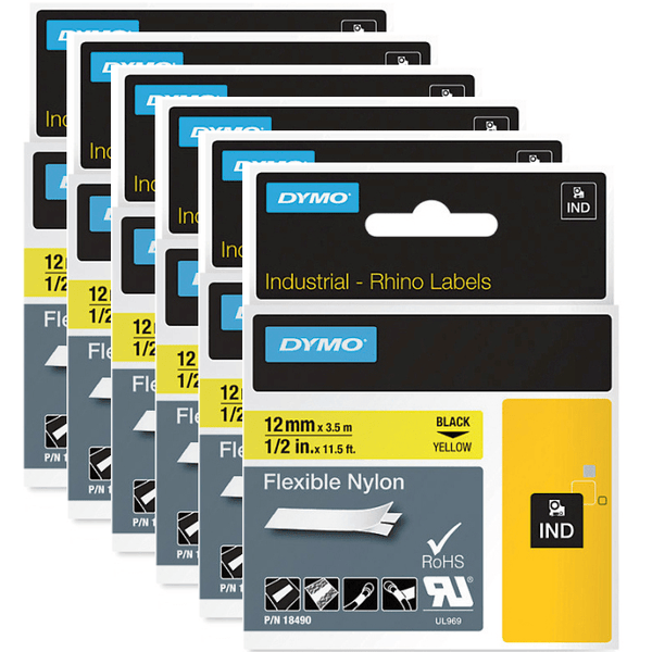 Dymo 18490 Rhino Industrial Tape Flexible Nylon 12mm Black On Yellow 6 Pack 18490 (6 Pack) - SuperOffice