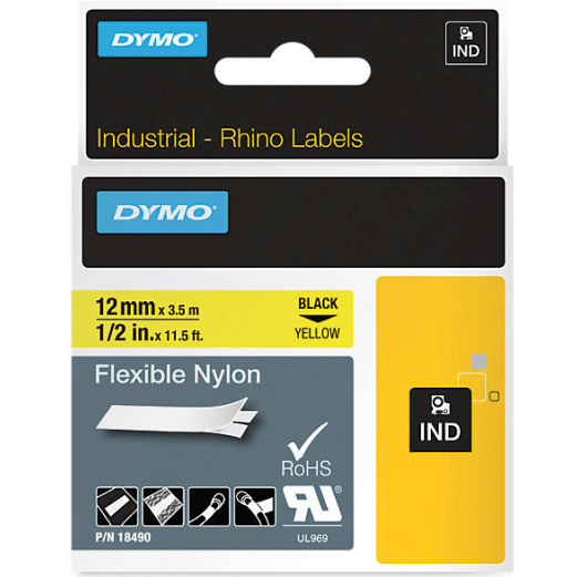 Dymo 18490 Rhino Industrial Tape Flexible Nylon 12mm Black On Yellow 6 Pack 18490 (6 Pack) - SuperOffice