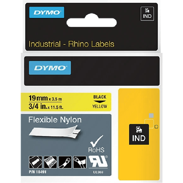 Dymo 18491 Rhino Industrial Tape Flexible Nylon 19mm Black On Yellow 18491 - SuperOffice
