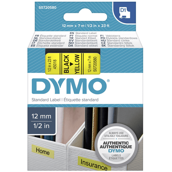Dymo 45018 D1 Labelling Tape 12mmx7m Black On Yellow S0720580 - SuperOffice