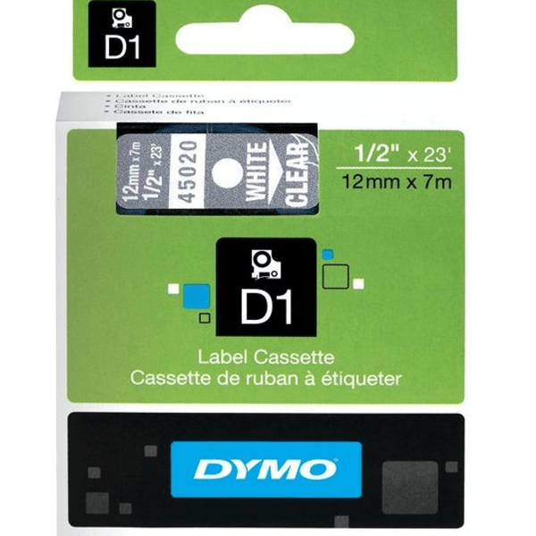 Dymo 45020 D1 Labelling Tape 12mmx7m White On Clear S0720600 - SuperOffice