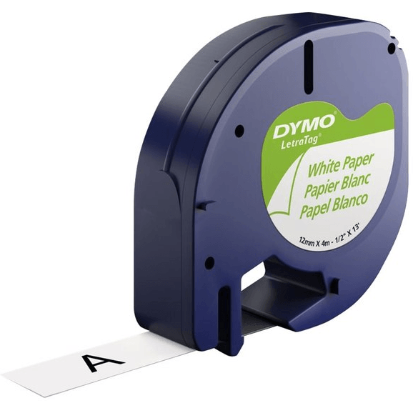Dymo 92630 Letratag Labelling Tape Paper 12mmx4m Black On White 10697 SD92630 or 10697 (Twin Pack) - SuperOffice