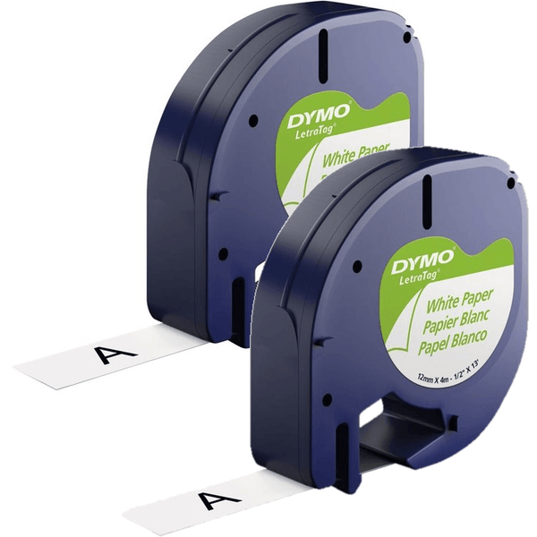 Dymo 92630 Letratag Labelling Tape Paper 12mmx4m Black On White Pack 2 SD92630 or 10697 (Twin Pack) - SuperOffice