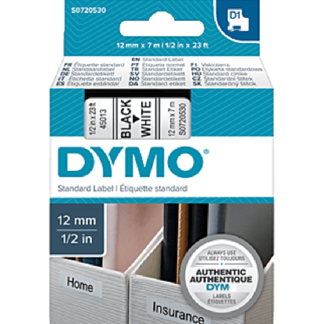 Dymo D1 Labelling Tape 12mmx7m Black On White 45013 Genuine S0720530 - SuperOffice