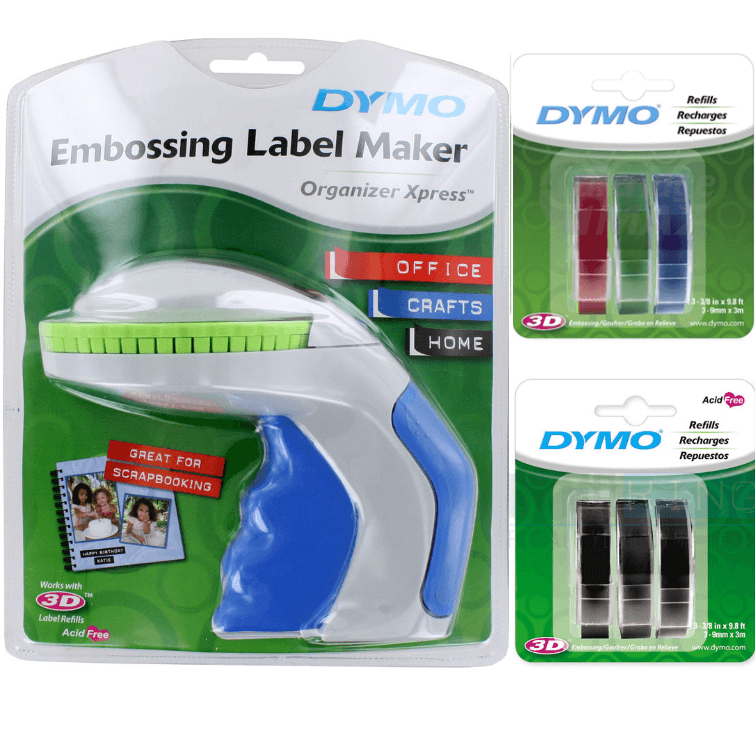 Dymo Organiser Xpress Manual Label Maker Labeller Hand Held + 3 Colour + 3 Black Tapes Xpress + 3 Colour + 3 Black - SuperOffice