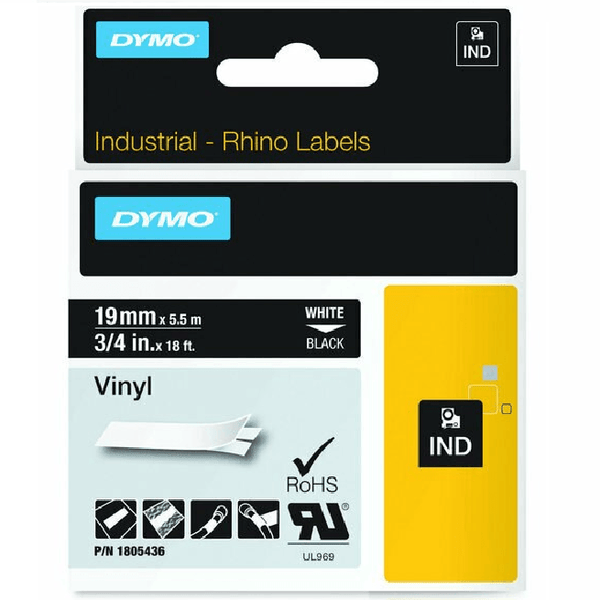 Dymo Rhino Industrial Tape Vinyl 19mm White On Black 1805436 - SuperOffice