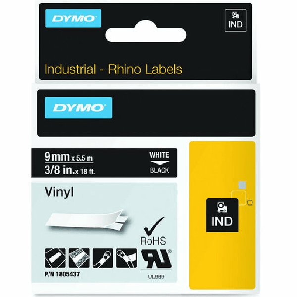 Dymo Rhino Industrial Tape Vinyl 9Mm White On Black 1805437 - SuperOffice