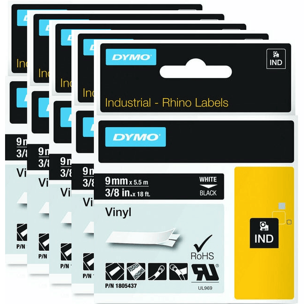 Dymo Rhino Industrial Tape Vinyl 9mm White On Black 5 Pack 1805437 (5 Pack) - SuperOffice