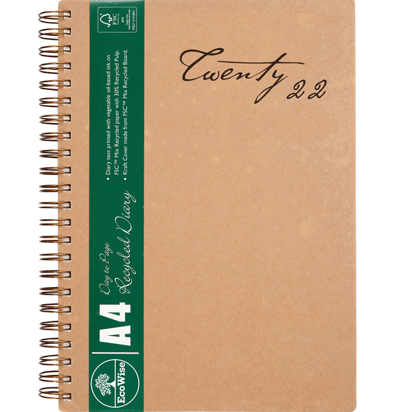 Ecowise 2022 Recycled Diary Day To Page Wiro Bound A4 Planner 41SECB22 (A4) - SuperOffice