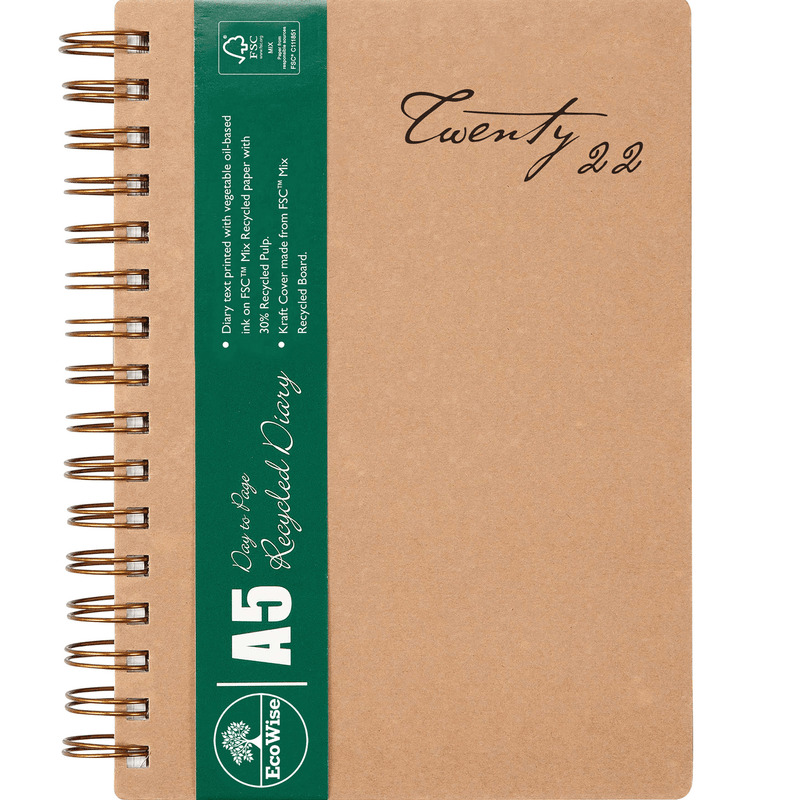 Ecowise 2022 Recycled Diary Day To Page Wiro Bound A5 Planner 51SECB22 (A5) - SuperOffice