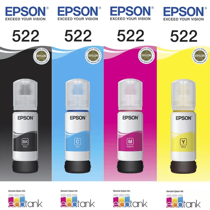 Epson 522 Ink Bottle Set Cartridge Refill Black/Cyan/Magenta/Yellow EcoTank Genuine Original Epson 522 Set - SuperOffice