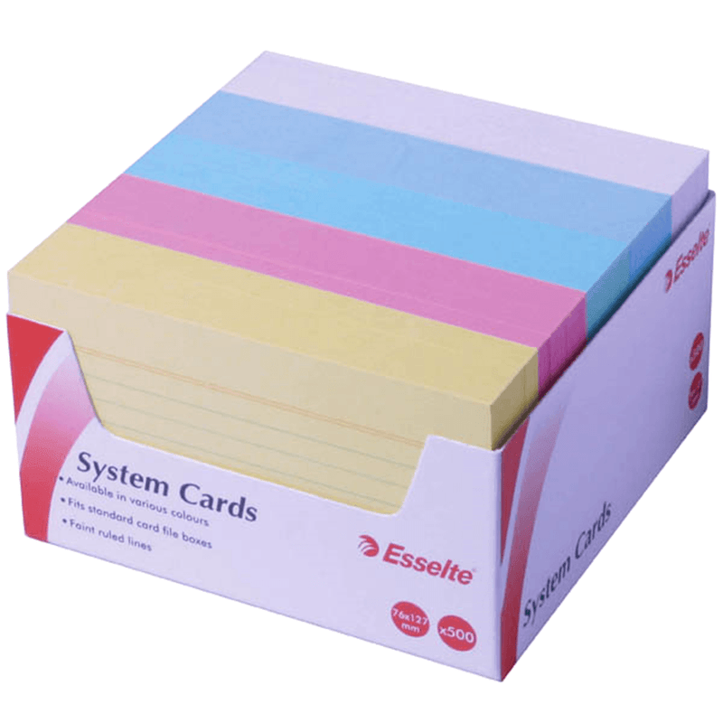 Esselte Ruled System Cards 127x76mm 3"x5" Assorted Colours Pack 500 451215 - SuperOffice